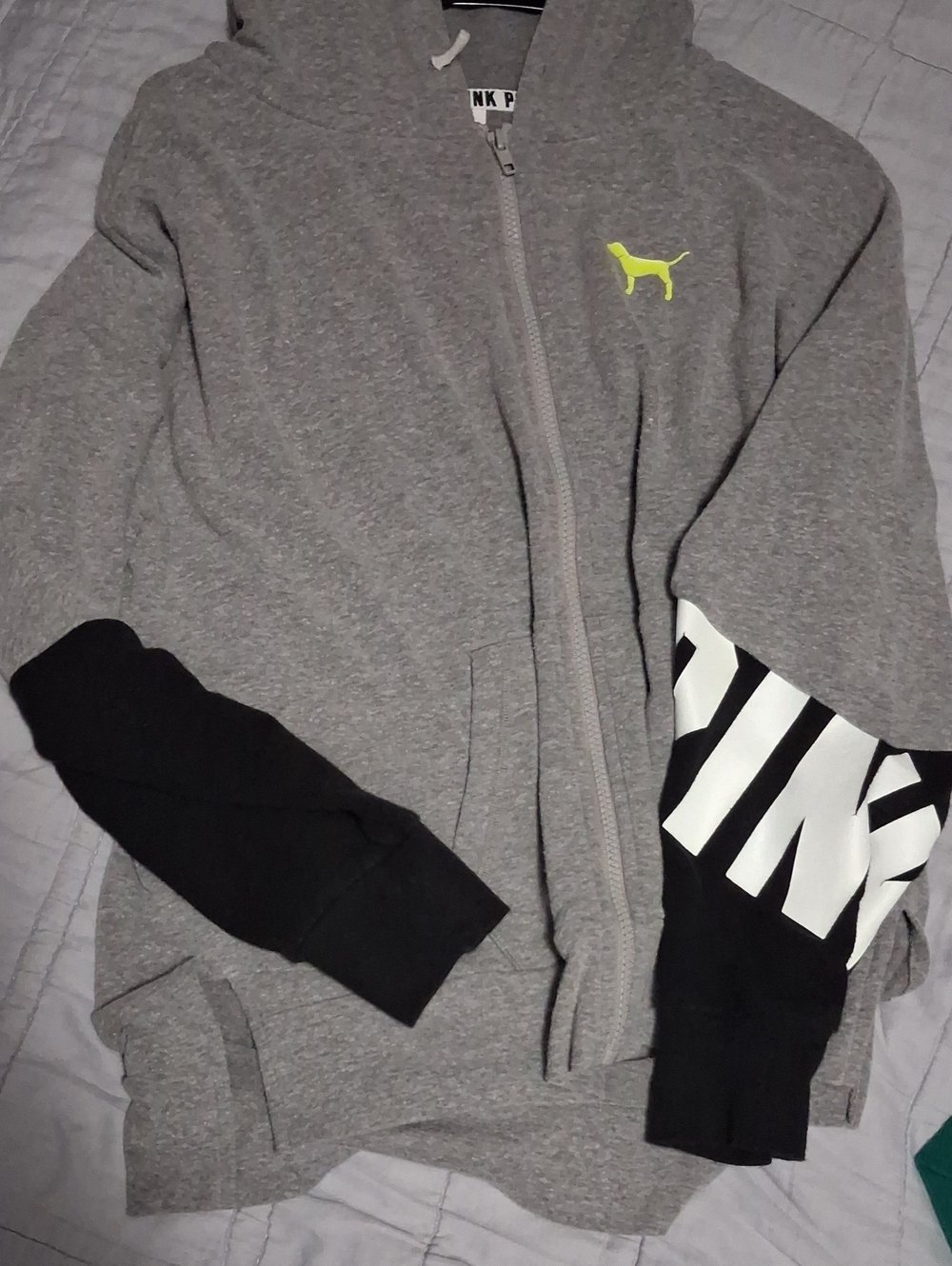 PINK Victoria's Secret Womens Gray Hoodie with Black Sleeve and Neon Yellow Logo